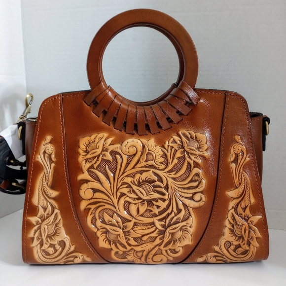 NWT Patricia Nash Lyon Tooled Leather Satchel with crossbody strap, Tan Multi - Picture 2 of 10